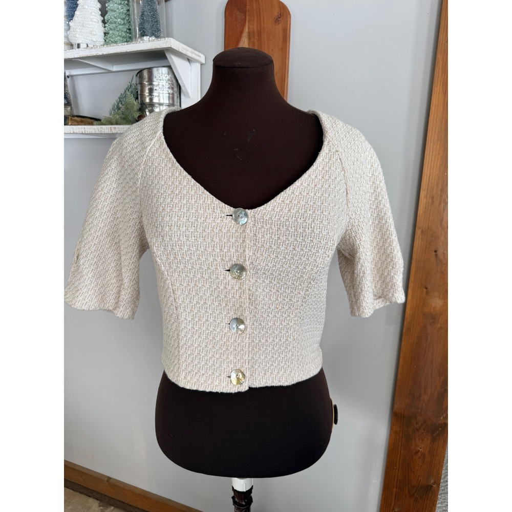 Zara Womens Textured Crop Cardigan Short‎ Sleeve Button Front Cream Tan Size M
